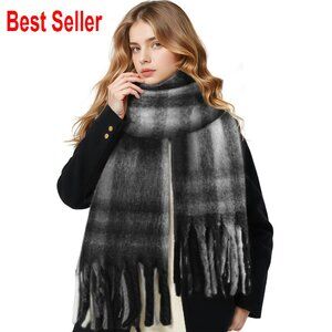Oversized Mohair Scarf Thick Checked Tassel Blanket Wrap Soft Winter Women